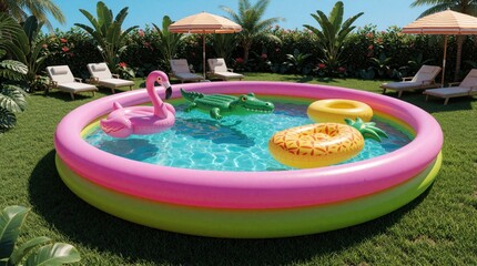 Fototapeta premium Bright pink, green inflatable pool filled with water in sunny backyard garden. Colorful tropical floats like flamingo, crocodile, duck, rings swim in pool. Sun loungers, parasols near rich palm trees