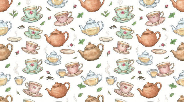 Seamless pattern of hand drawn colored tea cups and teapots with english porcelain teacups clay teapots and glass teaware painted in gentle mint and rose colors on solid white background