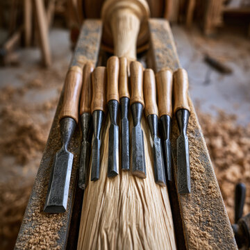 Woodworking chisel set aligned beside carved wooden spindle in workshop