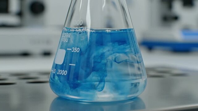 Blue chemical solution swirling in a laboratory glass flask