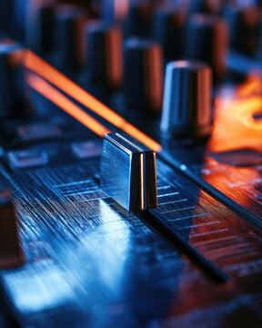 Mixer fader control closeup metallic surface under blue orange neon light with shallow focus and reflective texture creating vivid audio technology scene