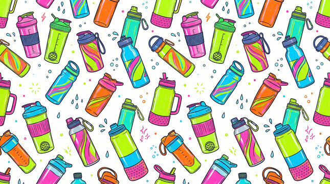 Seamless pattern of hand drawn colorful sports water bottles with plastic fitness shakers aluminum water bottles and insulated flasks painted in vibrant neon colors on white background