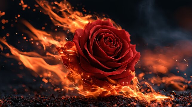A vivid red rose engulfed in intense flames against a dark background symbolizing passion and fiery emotions in a dramatic natural scene