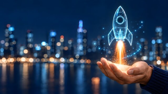 Hand holding glowing holographic rocket launching against blurred night city background symbolizing new startup venture