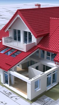 3d architectural model of a modern two-story house with bright red roof tiles and spacious balcony over detailed blueprints background