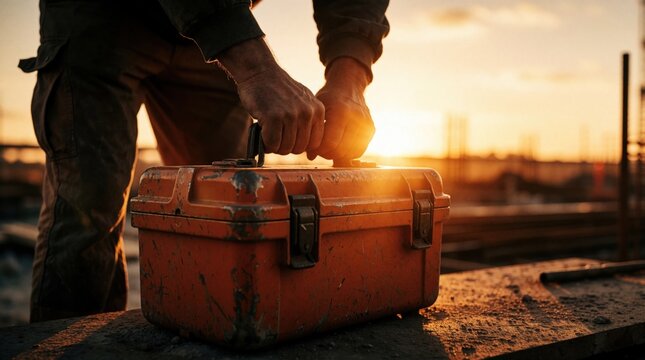 Construction worker closes orange metal toolbox at sunset. Manual laborer finishes hard job on building site during golden hour. Close up of hands, tools with warm sunlight, motion blur. Skilled