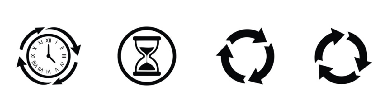 Time management and refresh cycle icon set with clock, hourglass, repeat and circular arrows for workflow, deadline and process.