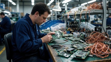 Fototapeta premium Male technician examines circuit board at electronics recycling facility. Worker inspects hardware components on workbench with tools. Professional repairs computer parts, scrap tech waste in