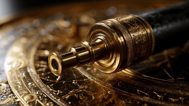 Elegant vintage brass telescope resting on an intricately detailed golden astrological chart with celestial patterns and constellation designs