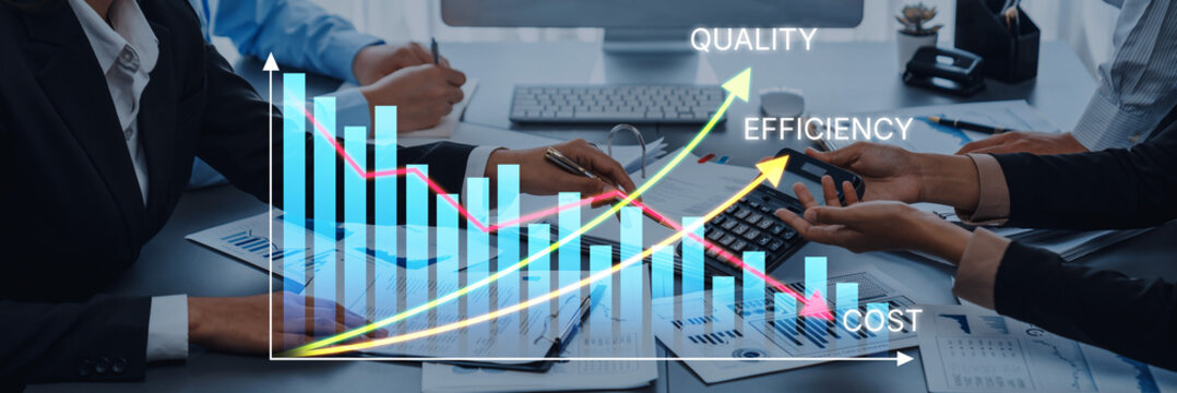 Businesspeople Analyzing Graphs for Quality, Efficiency, and Cost in a Modern Office Setting with Financial Reports and Calculators. Bitwise.