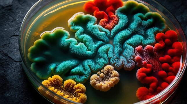 Colorful bacterial colonies grow in petri dish. Vibrant micro organisms form intricate patterns with red blue, yellow textures. Scientific microbiology research shows organic life growth in lab
