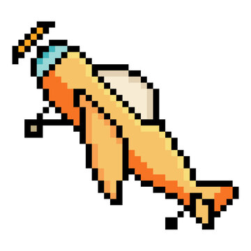 Propeller plane flying high in pixel art style.