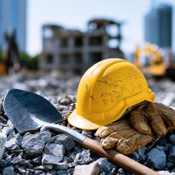 Worn yellow safety helmet, heavy-duty gloves, and digging shovel resting on rubble at a building demolition site with machinery in the background