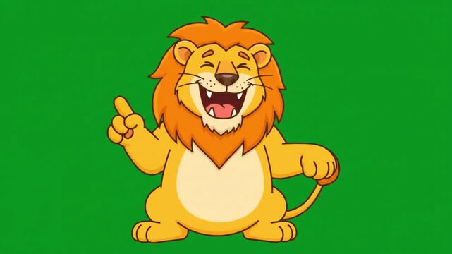 Cute cartoon lion character pointing finger up and laughing on green screen chroma key background vector illustration