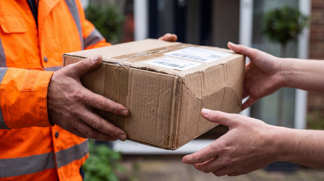 A courier in an orange reflective jacket hands over a cardboard parcel to a customer at a residential doorstep, representing delivery and e-commerce services.
