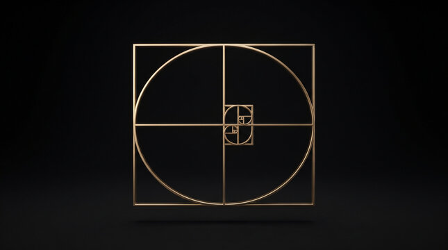 Golden ratio spiral geometric structure rendered in metallic gold lines against a solid black background with isolated dark background structure representing mathematics