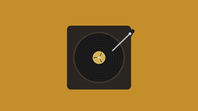 A minimalist, top-down illustration of a vintage record player with a black vinyl record and a gold label on a mustard yellow background.