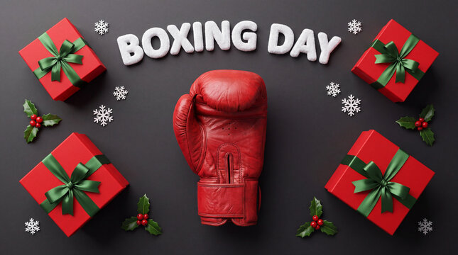Flat lay composition for Boxing Day featuring a single red boxing glove, wrapped gift boxes, holly leaves, and snowflakes on a dark background.