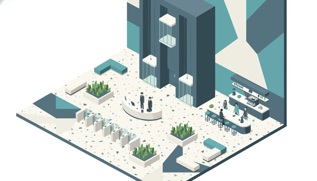 Isometric corporate lobby interior with reception desk, security turnstiles, elevator shafts and coffee bar.