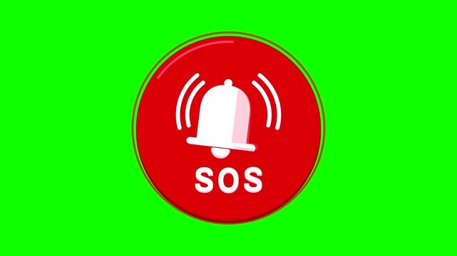 Red SOS emergency alert button with ringing bell icon animation on green screen