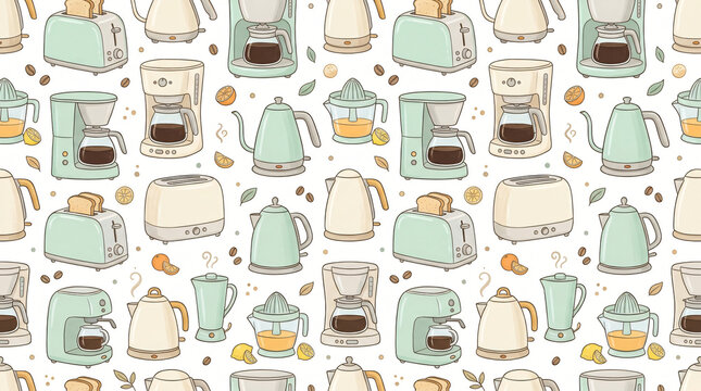 Seamless pattern of hand drawn colorful breakfast kitchen appliances with modern electric toasters drip coffee makers kettles and juicers painted in soft pastel mint cream on white background