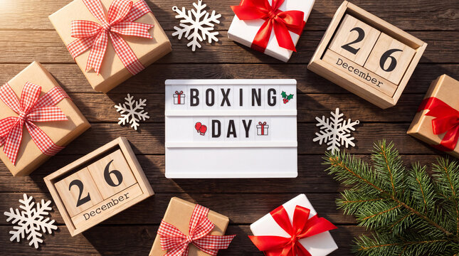 Flat lay composition for Boxing Day with a light box, gift boxes, wooden calendar showing December 26, and Christmas ornaments on a rustic dark wooden background.