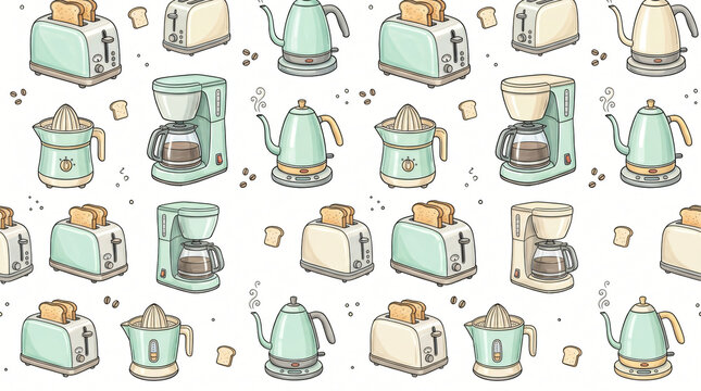 Seamless pattern of hand drawn colorful breakfast kitchen appliances with modern electric toasters drip coffee makers kettles and juicers painted in soft pastel mint cream on white background