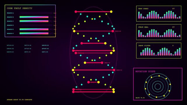 A vulnerability scan visualization displays glowing neon nodes and vibrant bar graphs across three digital screens showing simulated software system auditing processes in dark purple space