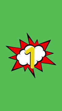 Pop art comic countdown animation showing numbers from five to one, isolated on a green screen background with vibrant colors and dynamic graphic styling.