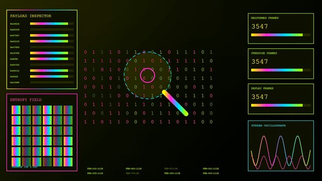 A digital vulnerability scan reveals complex patterns on a glowing monitor as flowing streams of binary data illuminate dark interface elements during a system diagnostic process