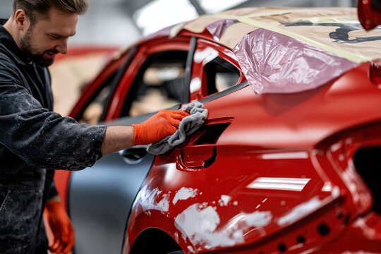 A worker carefully polishing and restoring the glossy red surface of a luxury sports car in a professional auto body workshop with protective coverings surround
