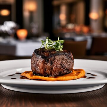 Tender grilled steak cube served on creamy orange vegetable puree garnished with fresh microgreens and drizzled with balsamic reduction in upscale dining settin