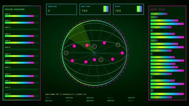 A vulnerability scan visualization displays rotating radar signals on computer monitors showing data charts and moving circular markers within a dark digital interface control room environment