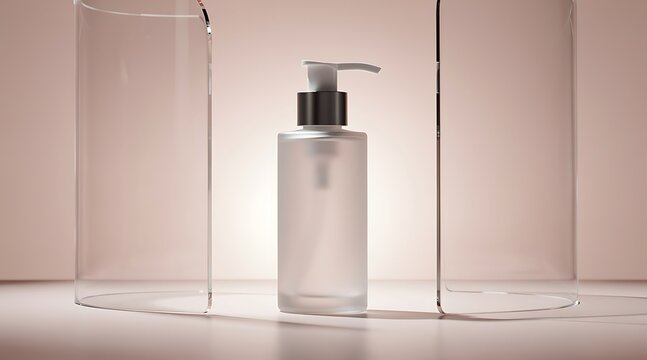 Minimalist cosmetic product mockup featuring a blank frosted glass pump bottle between two curved transparent glass panels on a soft pink background for beauty skincare or serum presentation.