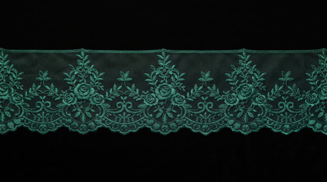 Green lace border strip with floral embroidery patterns isolated against a plain black background surface with embroidery scalloped edges intricate rose embroidery