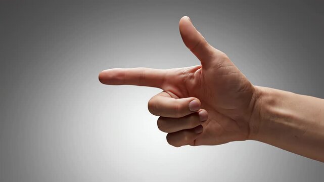 Close up of a realistic human hand gesturing and pointing its index finger towards the left side against a neutral gradient background