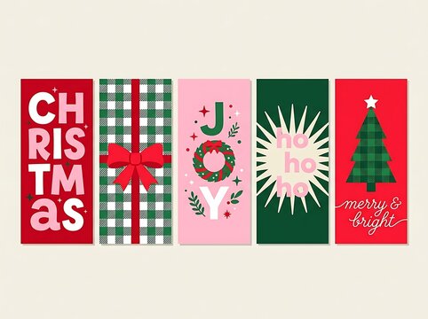 Set of five festive christmas vertical cards featuring holiday icons such as gift boxes wreaths and trees