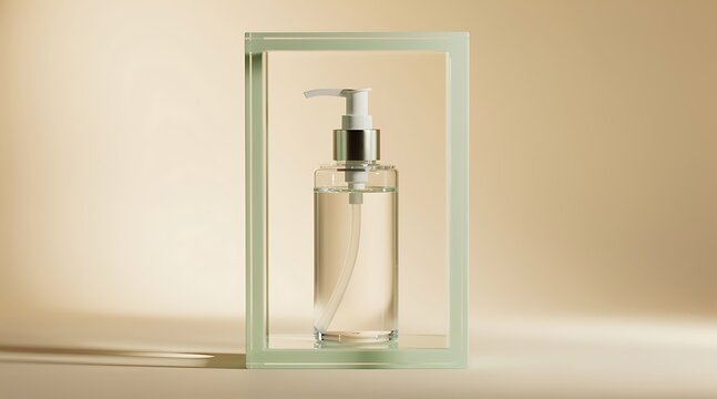 Minimalist clear pump bottle for cosmetic serum or oil presented in a glass frame on a warm beige background, ideal for organic skincare branding and high-end beauty product presentation.