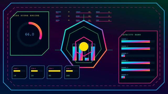 A vulnerability scan interface displays glowing neon graphical data points for complex security analysis within a dark digital environment shown in a three phase sequence