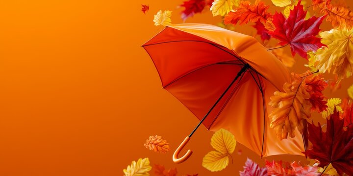 Vibrant orange umbrella surrounded by falling autumn leaves in rich red, yellow, and gold hues against a warm orange background, evoking cozy fall atmosphere.