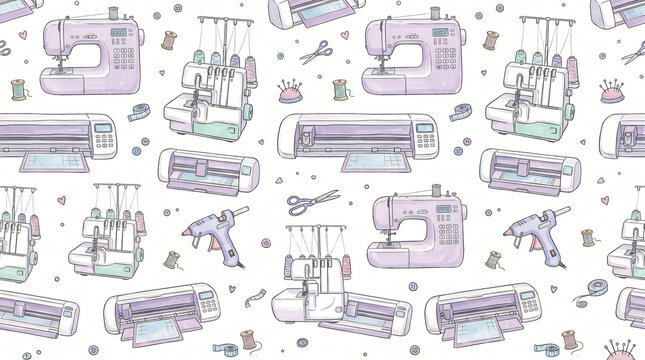 Seamless pattern of hand drawn colorful sewing and craft appliances with computerized sewing machines overlock sergers and digital craft cutters painted in lavender white on white background