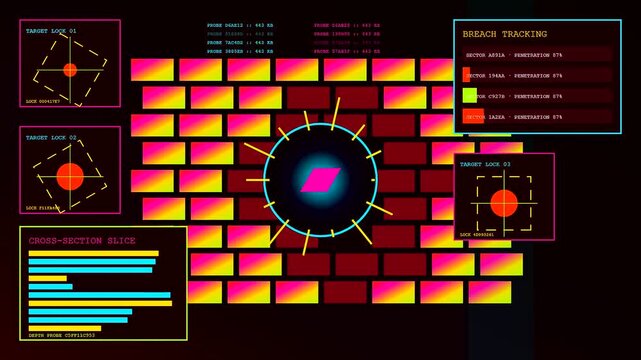 A digital vulnerability scan reveals glowing brick wall grid patterns with dynamic neon data overlays displayed across three separate graphical windows in a dark interface display