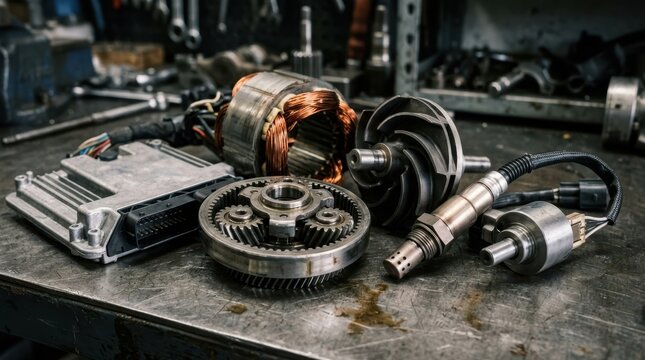 Torque sensor, lambda probe, ECU housing, planetary gearset, cooling pump impeller, and copper windings on a metal table