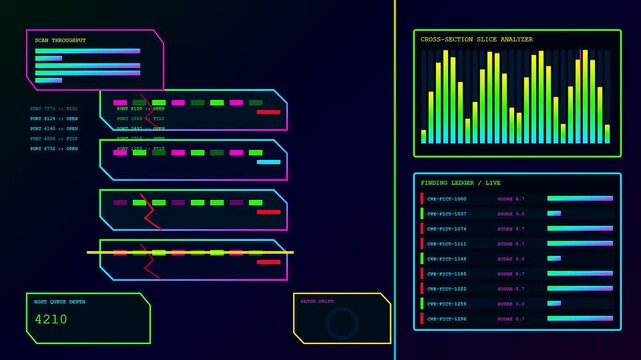 a vulnerability scan displays complex data streams across digital monitors as glowing neon interface graphics illuminate the dark room during a rapid system diagnostics operation