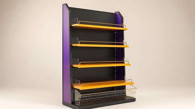 Modern Retail Display Shelf Stand with Yellow Shelves, Purple Side Panels, and Wire Basket Organizer for Store Interior, Supermarket Merchandising, and Commercial Product Presentation Mockup.