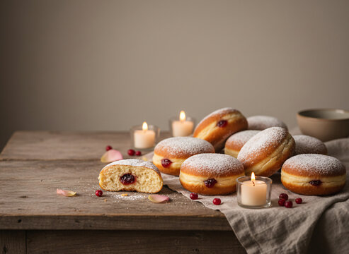 Paczki doughnuts for fat thursday, simple, rustic and handmade, warm candlelight glow