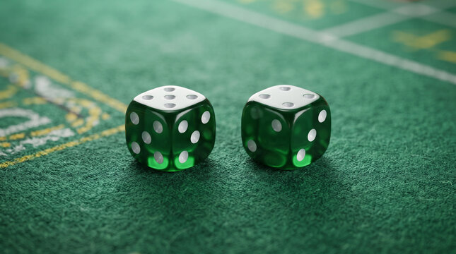 Two translucent green dice resting on a textured green surface with white grid markings visible with side side textured sit side side entertainment transparent