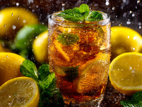 Refreshing citrus mint soda with ice and bubbles