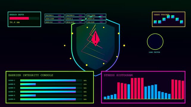 A digital vulnerability scan interface shows oscillating bars and fluctuating data metrics depicted on a dark screen with glowing neon pink and cyan graphic elements