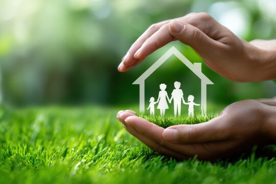 Hands protecting a paper cutout of a family and house symbol over vibrant green grass for concepts of home safety and family care